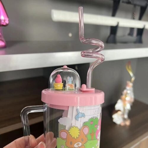 Cute and thickened glass Hello Kitty Melody cartoon rotating children's water cup clinking cup straw cup