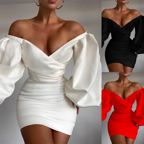 White Off Shoulder Puff Sleeve Satin Bodycon Mini Dress - Elegant Party Evening Cocktail Dress for Women