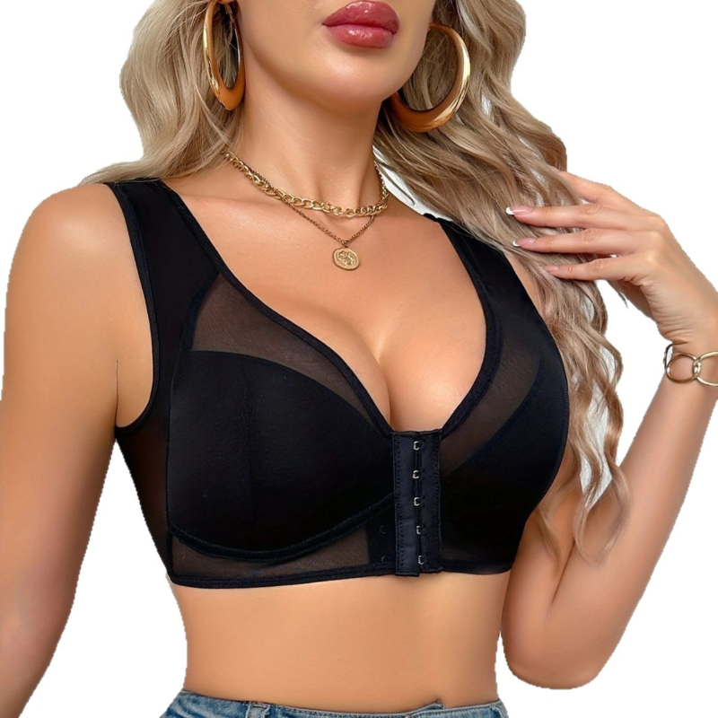 80e13a07-0856-48db-a526-cc9124256b78 Push-up Underarm Fat Control Wireless Bra - Anti-Sagging Front-Opening Black Mesh Back-Enhancing Lingerie for Women