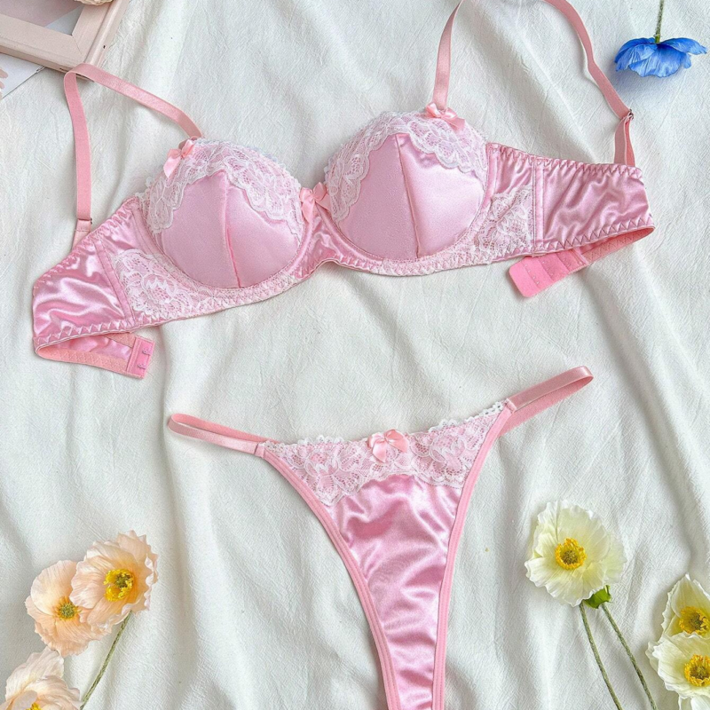 95189938-584e-4b8d-9aee-c0f22b670f02 Sweet Pink Lace-Trimmed Ultra-Thin Push-Up Bra Set