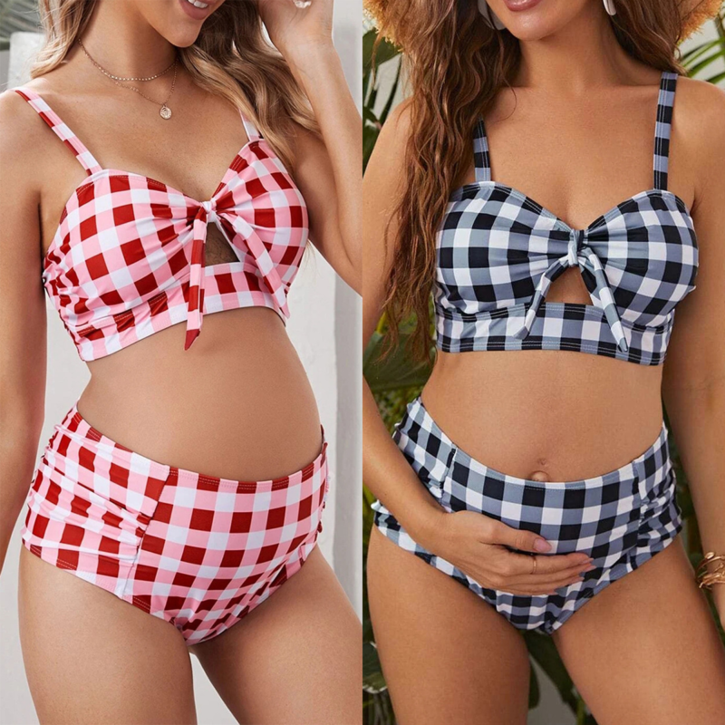 Maternity Plaid Bikini Set - Women's High Waisted Checkered Two-Piece Swimsuit with Bow Front, Stylish Vacation Swimwear