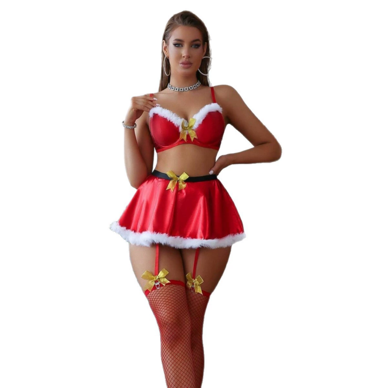 Christmas Santa 3-Piece Erotic Lingerie Set - Red Satin Faux Fur Trim Bra, Skirt & Garter Belt with Fishnet Stockings, Sexy Roleplay Costume for Women