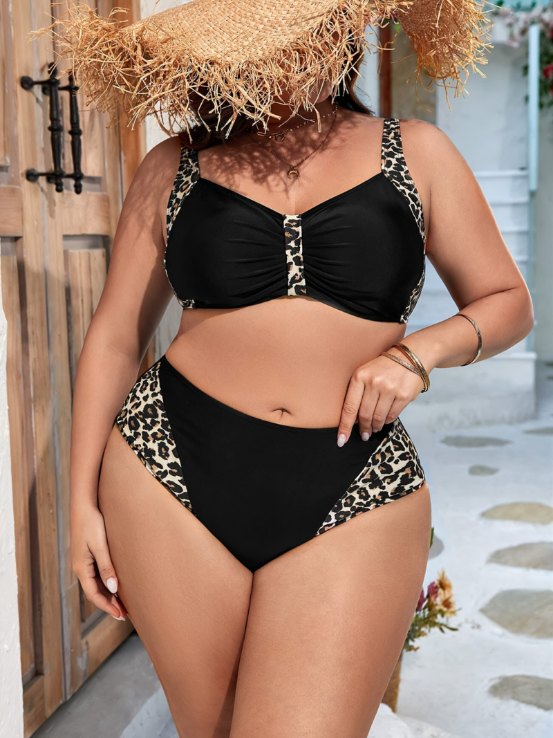 Plus Size Women's Leopard Print Accent One-Piece Bikini - Solid Color Tummy-Control Stylish Sexy Beach Getaway Swimwear