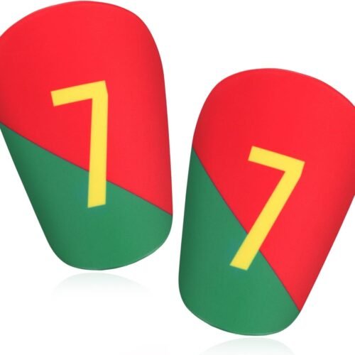 Red and green number 7 football shin guards