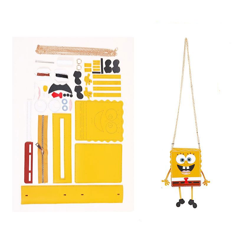 DIY cartoon leather bag kit showing materials and finished bag