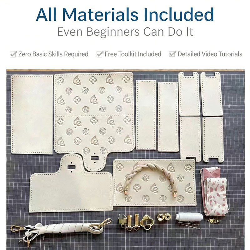 diy-leather-bag-kit-all-parts.jpg All parts included in DIY leather bag kit for beginners